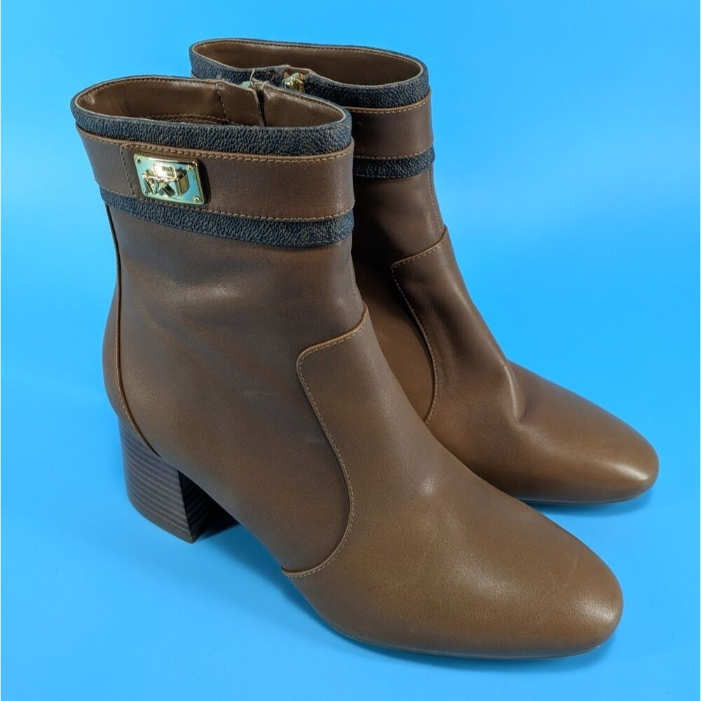 Michael Kors Brown Leather Ankle Boots Women’s 7M Block Heel Side Zip Minimalist